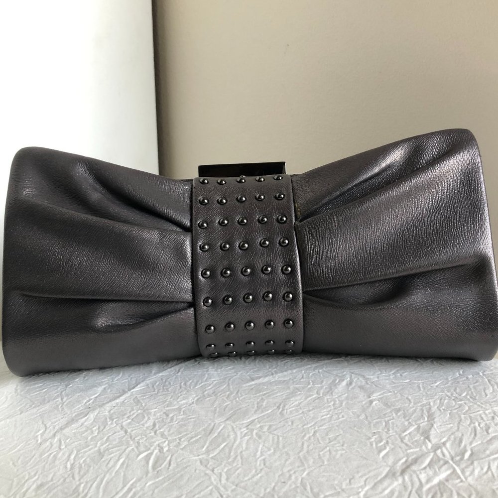 Sondra Roberts Studded Grey Metallic Bow Clutch